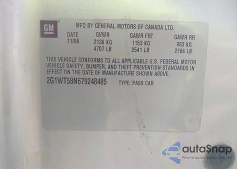 2007 Chevrolet Impala Lt z USA, uszkodzony, nr VIN 2G1WT58N679248485